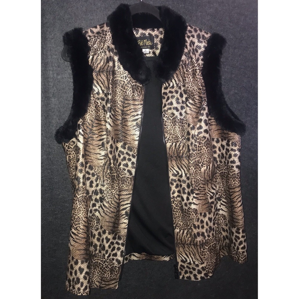 Bob Mackie Vest Zip Wearable Art Brown Safari Animal Print Black Faux Fur Trim - Picture 5 of 11